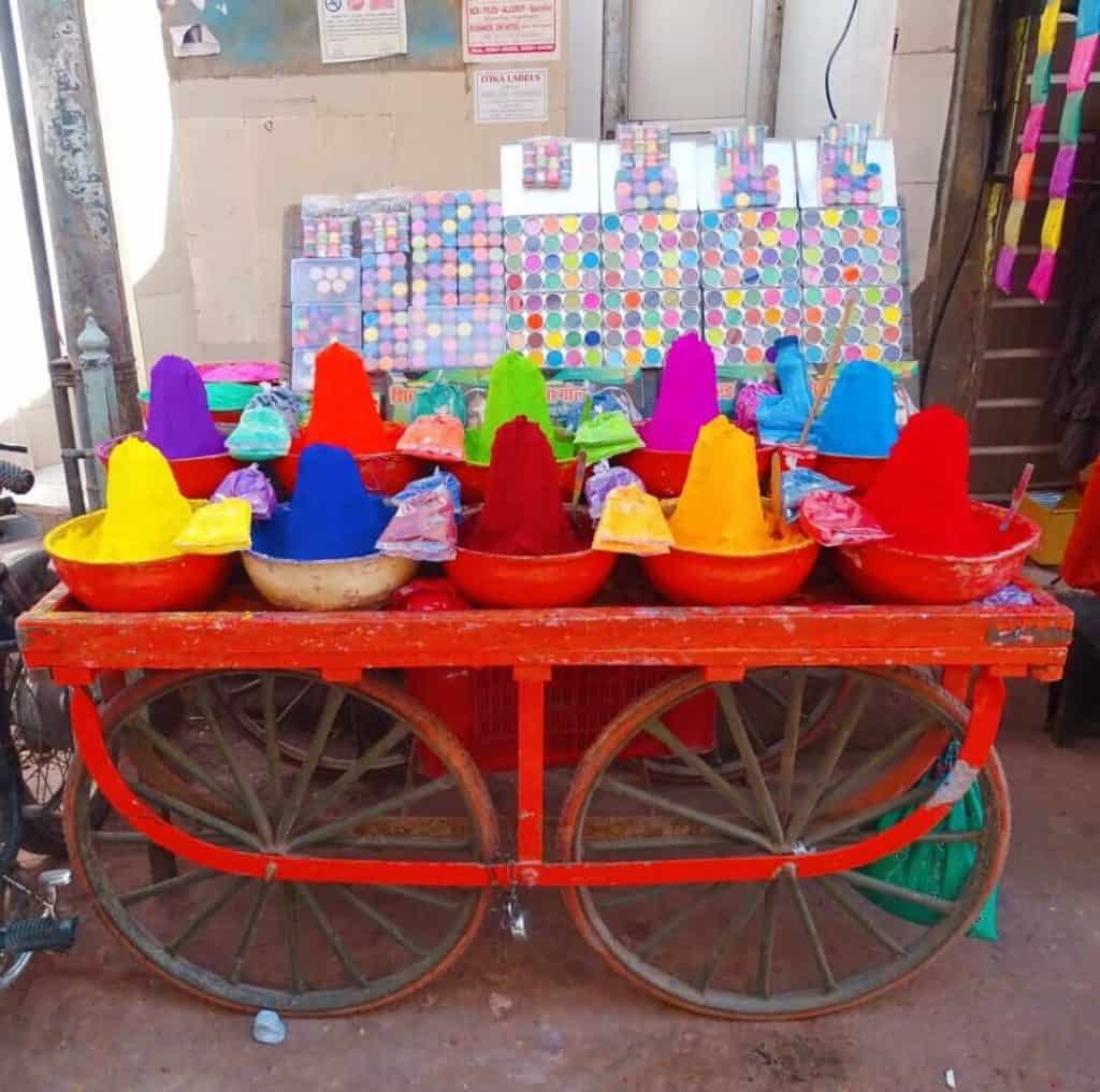 Colourful powders at a stall in Pushkar