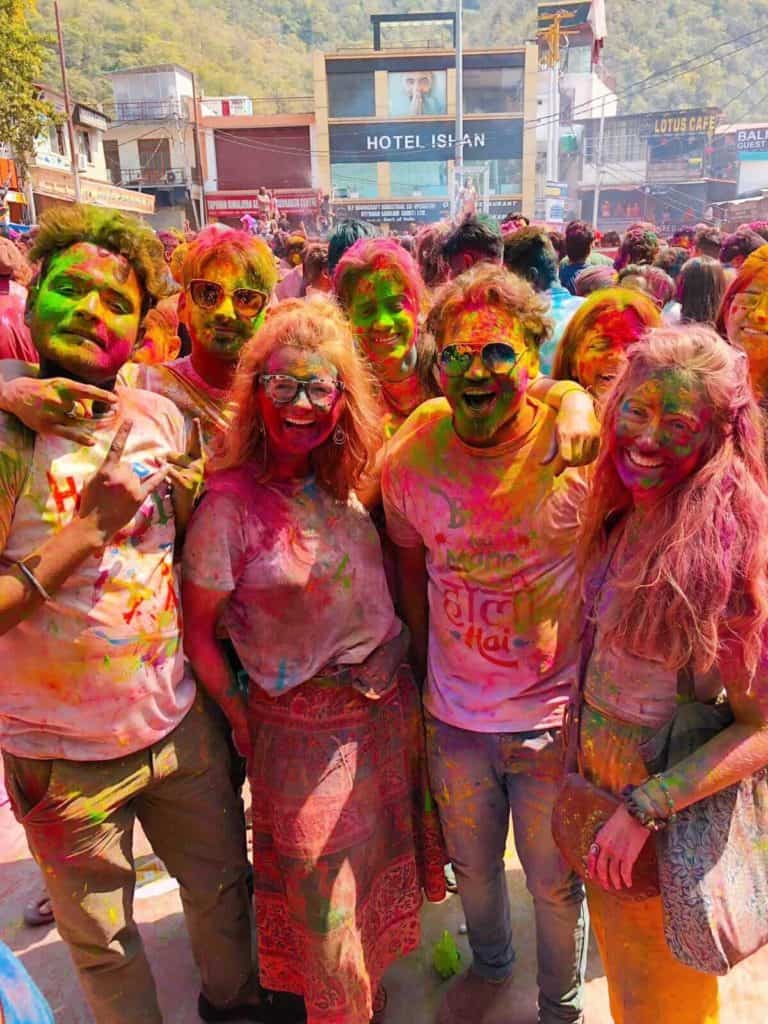 Group celebrating holi festival Rishikesh