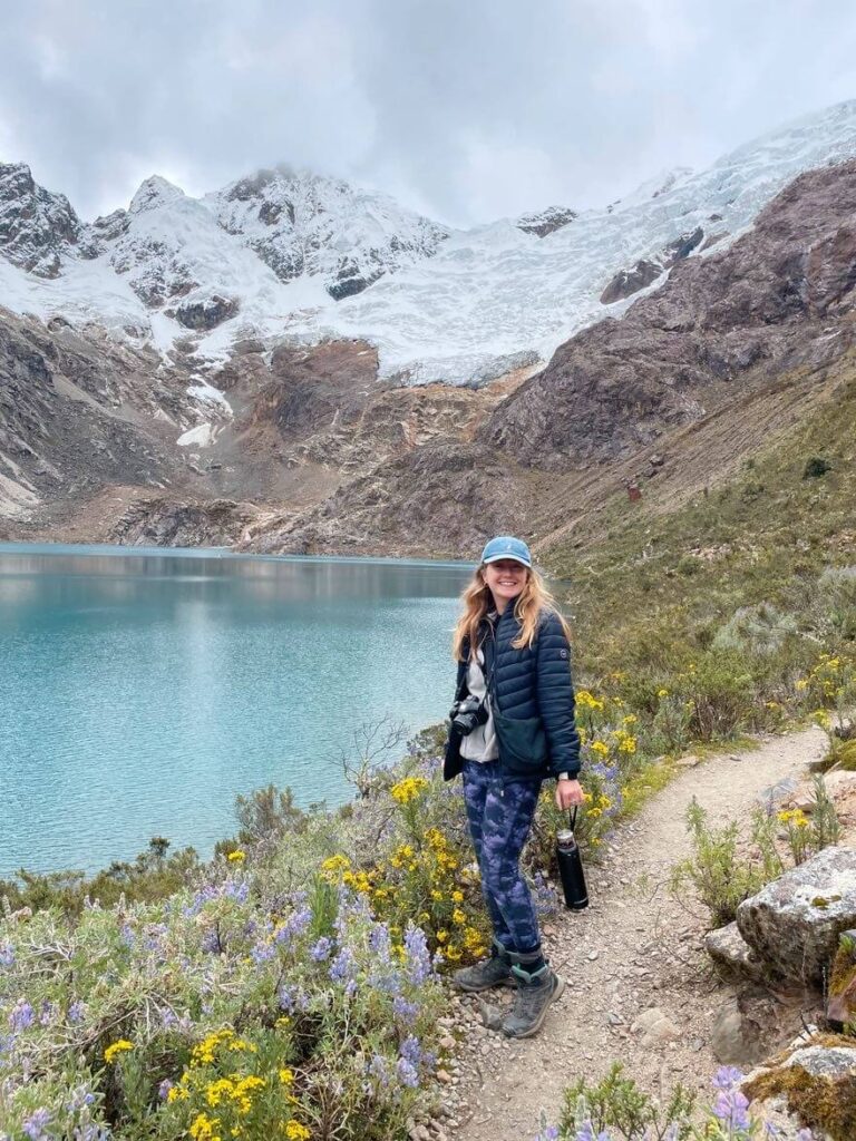 Lake hike during solo female travel in peru